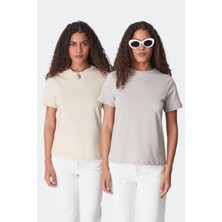 C&city Bisiklet Yaka Kısa Kol 2'li Basic T-Shirt 960 Gri/Bej