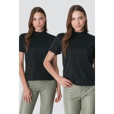 C&city Dik Yaka Kısa Kol 2'li Basic T-Shirt 957 Siyah