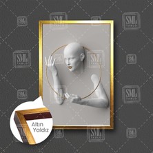 Altın Çember Çerçeve İçinde Mermer Kadın Çerçeveli Dikey Kanvas Tablo