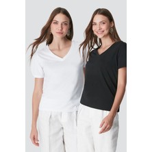 C&city V Yaka Kısa Kol 2'li Basic T-Shirt 962 Siyah/Beyaz