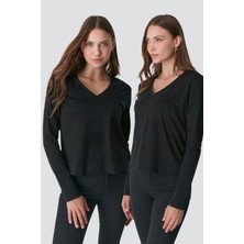 C&city V Yaka Uzun Kol 2'li Basic T-Shirt 954 Siyah