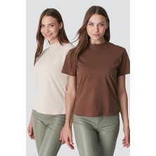C&city Dik Yaka Kısa Kol 2'li Basic T-Shirt 957 Bej/Kahverengi