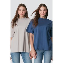 C&city Bisiklet Yaka Kısa Kol 2'li Casual Basic T-Shirt 961 İndigo/Gri