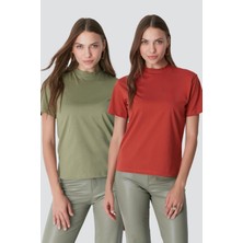 C&city Dik Yaka Kısa Kol 2'li Basic T-Shirt 957 Haki/Kiremit