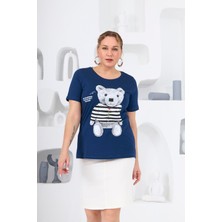 Rmg Ayıcık Baskılı Büyük Beden Indigo T-Shirt