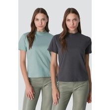 C&city Dik Yaka Kısa Kol 2'li Basic T-Shirt 957 Çağla/Füme