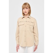 Desen Triko Kadın Kuşgözü Zımbalı Kapaklı Cepli Pamuk Gömlek Susam