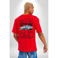 Neopolis Skyline Nissan Hızlı ve Öfkeli Fast Furious Kırmızı Oversize Kadın Erkek Ön ve Sırt Baskılı T-Shirt