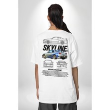 Neopolis Skyline Nissan Hızlı ve Öfkeli Fast Furious Beyaz Oversize Kadın Erkek Ön ve Sırt Baskılı T-Shirt