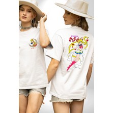 Neopolis Sailor Moon Anime Usagi Tsukino Beyaz Oversize Kadın Erkek Ön ve Sırt Baskılı T-Shirt