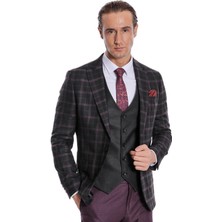 Wessi Mor Yelekli Slim Fit Ekose Siyah Erkek Takım Elbise - Wessi