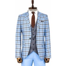 Wessi Gri Yelekli Slim Fit Ekose Açık Mavi Erkek Takım Elbise - Wessi