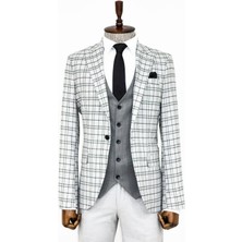 Wessi Gri Yelekli Slim Fit Ekose Açık Gri Erkek Takım Elbise - Wessi