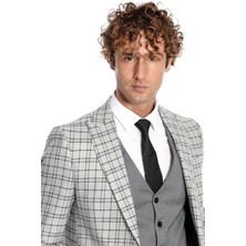 Wessi Gri Yelekli Slim Fit Ekose Açık Gri Erkek Takım Elbise - Wessi