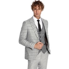 Wessi Gri Yelekli Slim Fit Ekose Açık Gri Erkek Takım Elbise - Wessi