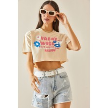 Xhan Bej Baskılı Bisiklet Yaka Crop T-Shirt 5YXK1-48564-25