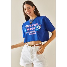 Xhan Mavi Baskılı Bisiklet Yaka Crop T-Shirt 5YXK1-48564-12