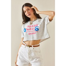 Xhan Gri Baskılı Bisiklet Yaka Crop T-Shirt 5YXK1-48564-03