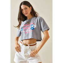 Xhan Füme Baskılı Bisiklet Yaka Crop T-Shirt 5YXK1-48564-33