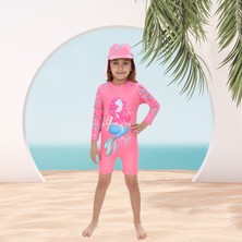 Lolli Boom Kids  Kız Çocuk Deniz Kızı Desenli Mavi Renk Güneş Koruma Şapkalı 2li Takım Uzun Kol Hipster Model Sırt Fermuarlı Hassas Ten Mayo Deniz Kızı