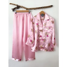 Al Lady Çiçekli Gömlek Yaka Saten Kadın Pijama Takımı S107