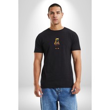 Angemiel Spor Eşofman Takımı Sarı Kedi Insan Siyah Oversize Kadın Erkek Ön Orta Minimal Baskılı T-Shirt