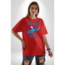 Angemiel Do It Later Stitch Biberon Animasyon Pamuklu Bisiklet Yaka Kadın Erkek Oversize Boyfriend Dijital Baskılı Kırmızı T-Shirt