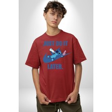 Angemiel Do It Later Stitch Biberon Animasyon Pamuklu Bisiklet Yaka Kadın Erkek Oversize Boyfriend Dijital Baskılı Kırmızı T-Shirt