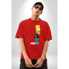 Angemiel Simpson Metalica Bart Rock Pamuklu Bisiklet Yaka Kadın Erkek Oversize Boyfriend Dijital Baskılı Kırmızı T-Shirt