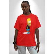 Angemiel Simpson Metalica Bart Rock Pamuklu Bisiklet Yaka Kadın Erkek Oversize Boyfriend Dijital Baskılı Kırmızı T-Shirt