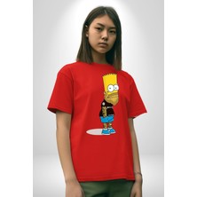 Angemiel Simpson Metalica Bart Rock Pamuklu Bisiklet Yaka Kadın Erkek Oversize Boyfriend Dijital Baskılı Kırmızı T-Shirt