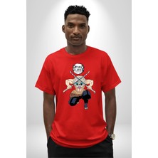 Angemiel Anime Inosuke Hashibira Demon Slayer Pamuklu Bisiklet Yaka Kadın Erkek Oversize Boyfriend Dijital Baskılı Kırmızı T-Shirt