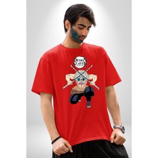 Angemiel Anime Inosuke Hashibira Demon Slayer Pamuklu Bisiklet Yaka Kadın Erkek Oversize Boyfriend Dijital Baskılı Kırmızı T-Shirt