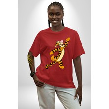 Angemiel Tigger Pamuklu Bisiklet Yaka Kadın Erkek Oversize Boyfriend Dijital Baskılı Kırmızı T-Shirt