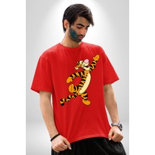 Angemiel Tigger Pamuklu Bisiklet Yaka Kadın Erkek Oversize Boyfriend Dijital Baskılı Kırmızı T-Shirt