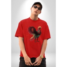 Angemiel Anka Kuşu Ateş Kuşu Pamuklu Bisiklet Yaka Kadın Erkek Oversize Boyfriend Dijital Baskılı Kırmızı T-Shirt
