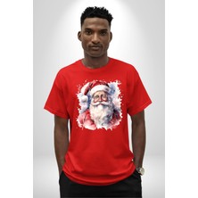 Angemiel Mutlu Noel Baba Yeni Yıl Tasarımı Pamuklu Bisiklet Yaka Kadın Erkek Oversize Boyfriend Dijital Baskılı Kırmızı T-Shirt