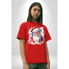 Angemiel Mutlu Noel Baba Yeni Yıl Tasarımı Pamuklu Bisiklet Yaka Kadın Erkek Oversize Boyfriend Dijital Baskılı Kırmızı T-Shirt