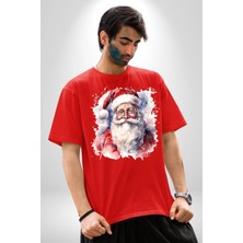 Angemiel Mutlu Noel Baba Yeni Yıl Tasarımı Pamuklu Bisiklet Yaka Kadın Erkek Oversize Boyfriend Dijital Baskılı Kırmızı T-Shirt