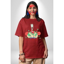 Angemiel Mr Krabs Spongebob Zengin Pamuklu Bisiklet Yaka Kadın Erkek Oversize Boyfriend Dijital Baskılı Kırmızı T-Shirt