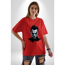 Angemiel Yeni Nesil Joker Pamuklu Bisiklet Yaka Kadın Erkek Oversize Boyfriend Dijital Baskılı Kırmızı T-Shirt