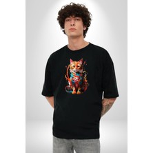 Angemiel Renkli Yağlı Boya Kedi Pamuklu Bisiklet Yaka Kadın Erkek Oversize Boyfriend Dijital Baskılı Siyah T-Shirt