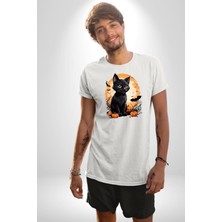 Angemiel Cadılar Bayramı Kedi Kadın Erkek Unisex Beyaz Organik Baskılı T-Shirt Penye Yüksek Kalite