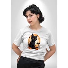 Angemiel Cadılar Bayramı Kedi Kadın Erkek Unisex Beyaz Organik Baskılı T-Shirt Penye Yüksek Kalite