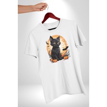 Angemiel Cadılar Bayramı Kedi Kadın Erkek Unisex Beyaz Organik Baskılı T-Shirt Penye Yüksek Kalite