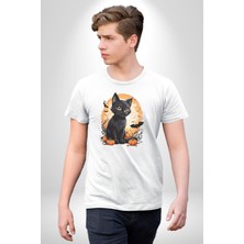 Angemiel Cadılar Bayramı Kedi Kadın Erkek Unisex Beyaz Organik Baskılı T-Shirt Penye Yüksek Kalite