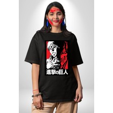 Angemiel Anime Manga Style Attack On Titan Pamuklu Bisiklet Yaka Kadın Erkek Oversize Boyfriend Dijital Baskılı Siyah T-Shirt