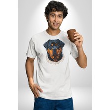 Angemiel Rottweiler Koca Kafa Kadın Erkek Unisex Beyaz Organik Baskılı T-Shirt Penye Yüksek Kalite