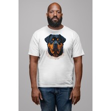 Angemiel Rottweiler Koca Kafa Kadın Erkek Unisex Beyaz Organik Baskılı T-Shirt Penye Yüksek Kalite