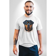 Angemiel Rottweiler Koca Kafa Kadın Erkek Unisex Beyaz Organik Baskılı T-Shirt Penye Yüksek Kalite